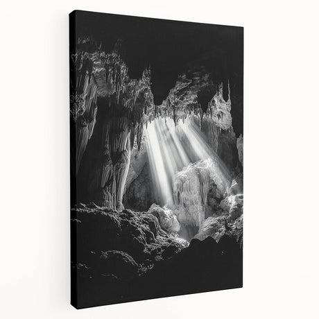 Stretched canvas artwork depicting a serene landscape with caves, showcasing earthy tones and intricate details, ideal for home decor enthusiasts.
