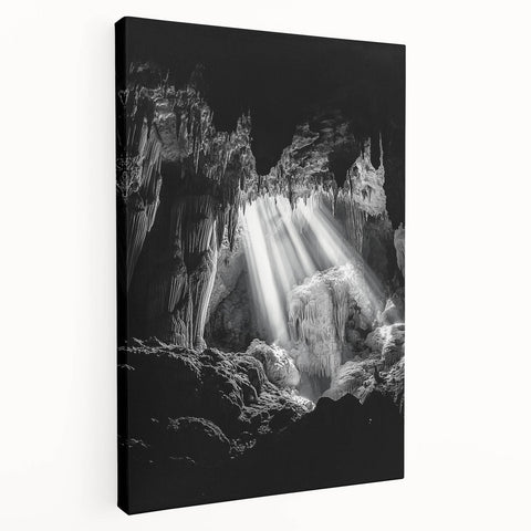 Stretched canvas artwork depicting a serene landscape with caves, showcasing earthy tones and intricate details, ideal for home decor enthusiasts.