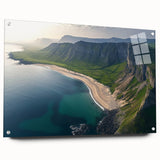 Acrylic landscape artwork showcasing dramatic cliffs and vibrant colors in a side view presentation, secured with pins for a modern display.