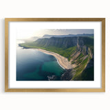 Gold-framed landscape artwork featuring dramatic cliffs and serene ocean views, elegantly matted for display, perfect for enhancing home decor in coastal themes.