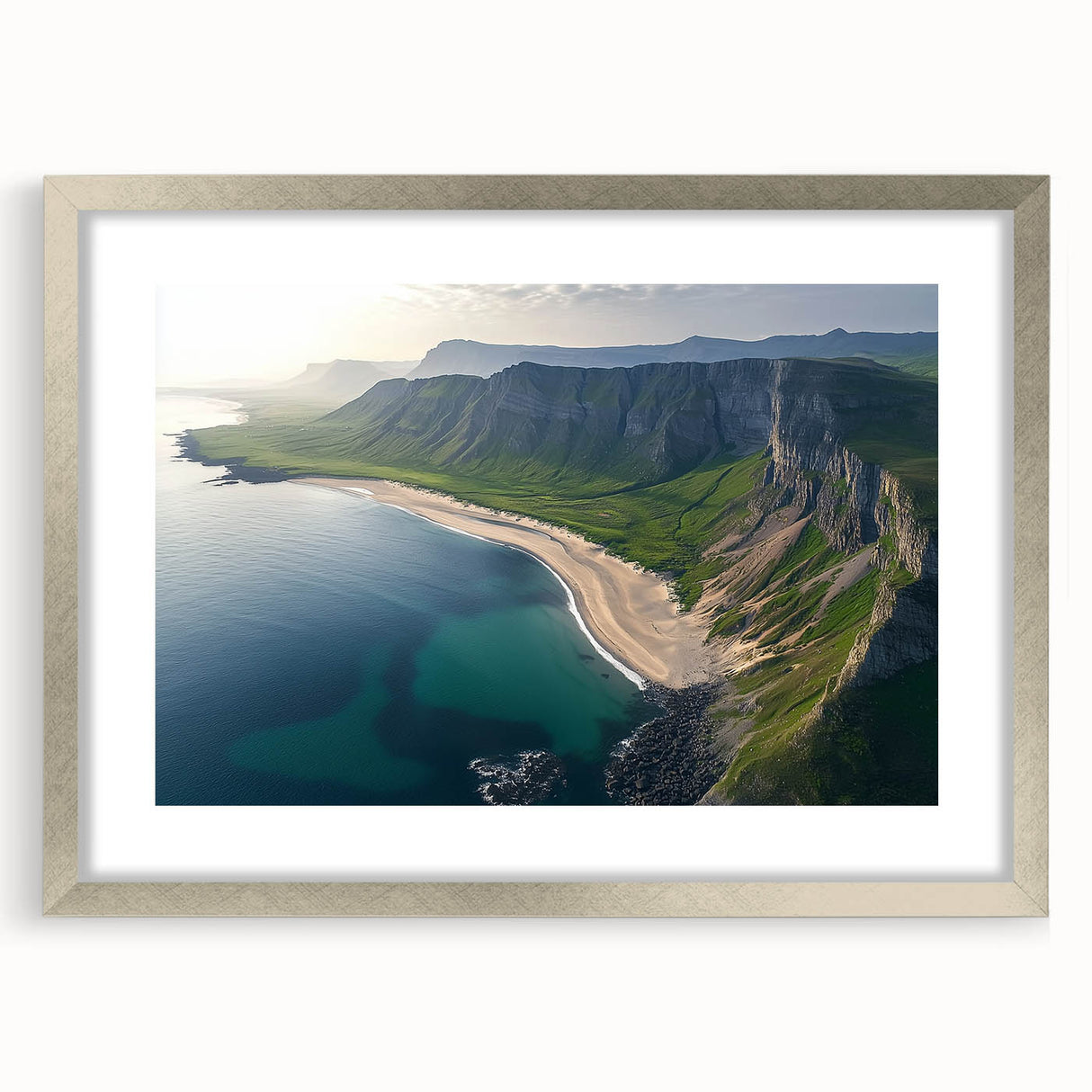 Framed landscape artwork showcasing dramatic cliffs in silver matting, ideal for home decor. The front view highlights intricate details and vibrant colors, perfect for enhancing any living space.