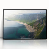 Framed acrylic artwork showcasing a stunning cliff landscape in vibrant colors, featuring a sleek black frame that enhances its modern aesthetic, perfect for home decor.