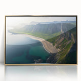 Framed acrylic artwork depicting dramatic cliffs against a vibrant sunset, with gold accents enhancing its elegance, perfect for modern home decor.