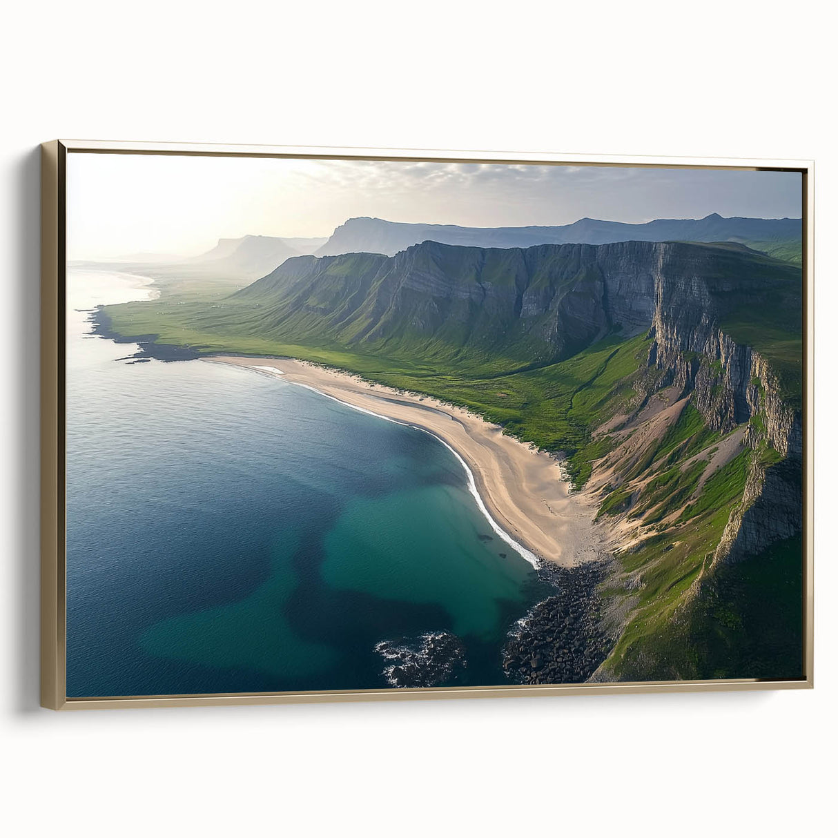 Framed canvas artwork depicting a stunning cliff landscape with vibrant colors and gold accents, showcasing the beauty of nature in a stylish setting. Perfect for home decor.