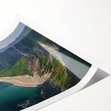 Stunning rolled print of a vibrant landscape featuring dramatic cliffs and a serene sky, presented in a protective cardboard tube for easy display.