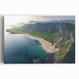 Stretched canvas artwork depicting a serene landscape with dramatic cliffs and a vibrant sky, perfect for adding a tranquil touch to any room's decor.