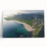 Stretched canvas artwork depicting dramatic cliffs against a vibrant sunset, showcasing rich colors and textures, ideal for enhancing modern home decor.