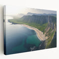 Vibrant stretched canvas artwork depicting a dramatic cliffside landscape in hues of green and blue, ideal for home decor enthusiasts seeking nature-inspired pieces.