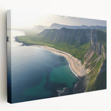 Vibrant stretched canvas artwork depicting a dramatic cliffside landscape in hues of green and blue, ideal for home decor enthusiasts seeking nature-inspired pieces.