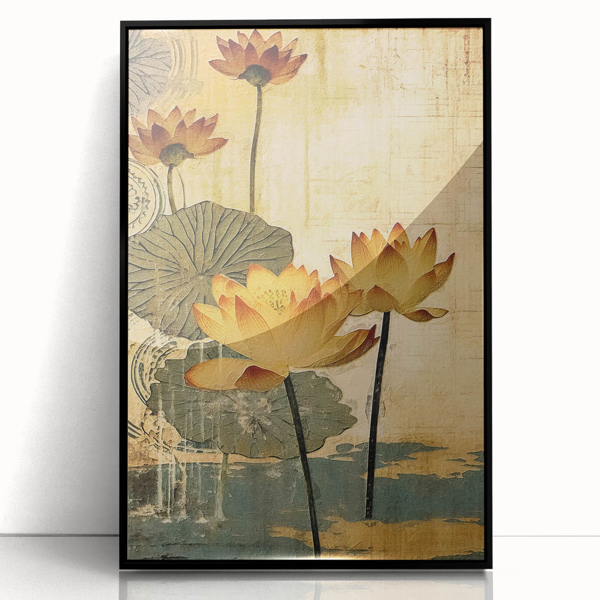 Framed abstract floral wall art featuring vibrant colors and intricate designs, presented with a sleek black frame, perfect for modern home decor.