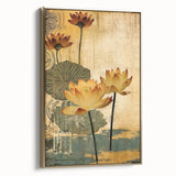 Framed canvas wall art showcasing abstract floral designs in vibrant colors, featuring a gold frame, perfect for enhancing modern interior decor.