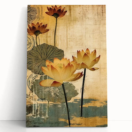 Colorful abstract floral wall art on stretched canvas, showcasing vibrant hues of pink, blue, and green, leaning against a wall in a bright, modern interior setting. Perfect for adding a touch of elegance and nature-inspired decor to any room.