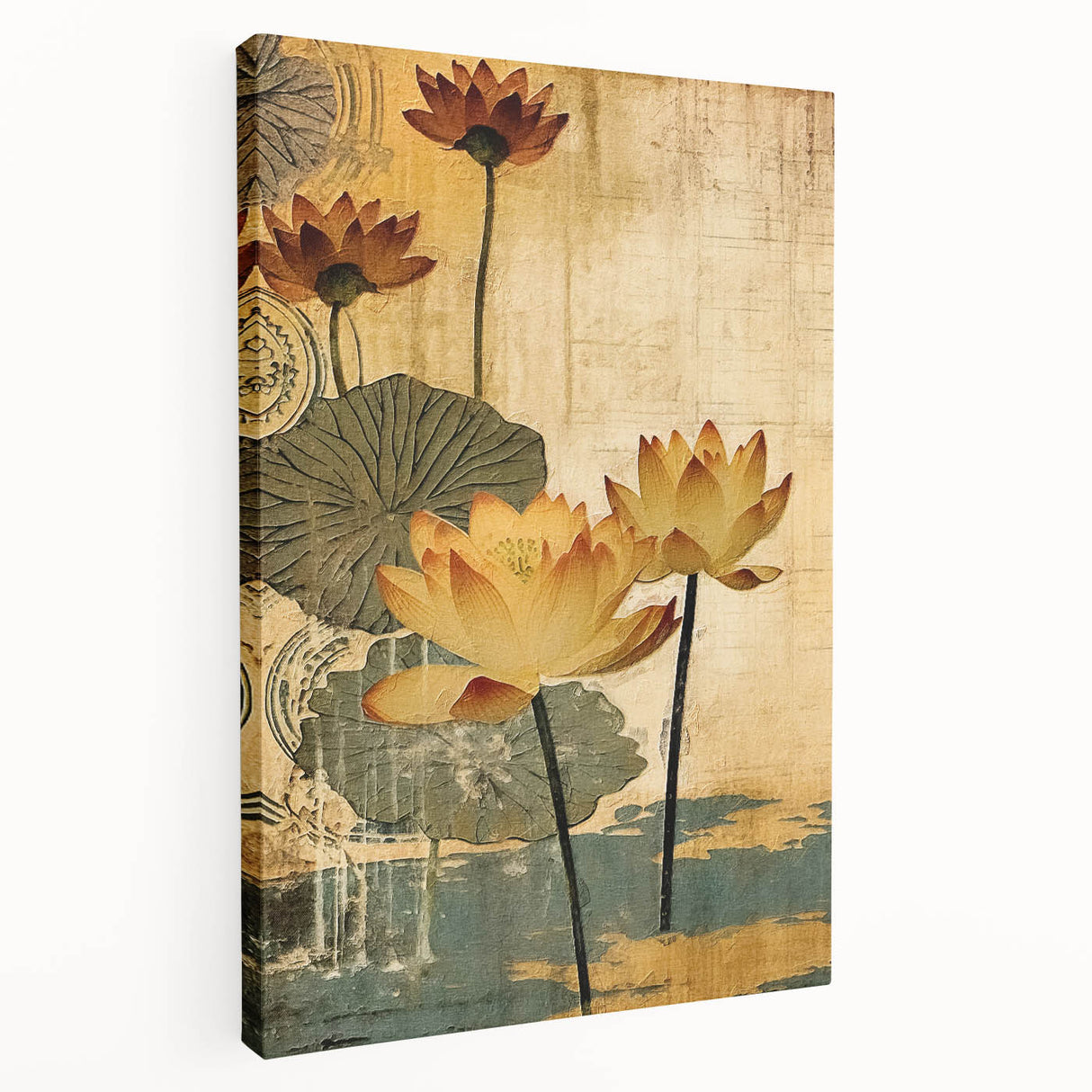 Abstract floral wall art on stretched canvas showcases vibrant colors and intricate designs, perfect for enhancing modern home decor. The side view highlights its depth and texture, emphasizing its artistic appeal.