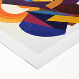 Abstract geometric rolled canvas artwork showcasing vibrant blue, orange, and yellow shapes, elegantly packaged in a protective cardboard tube for easy display.