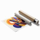 Abstract geometric rolled print showcasing vibrant colors and intricate patterns, designed for modern home decor, elegantly packaged in a protective cardboard tube.