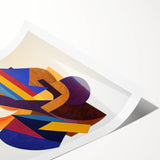 Abstract geometric rolled print showcasing vibrant shapes in blue, orange, and yellow hues, perfect for modern home decor, packaged securely in a cardboard tube.
