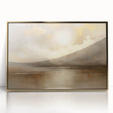 Framed abstract landscape wall art in gold acrylic, showcasing vibrant colors and fluid forms, perfect for modern home decor. Ideal for enhancing living spaces.