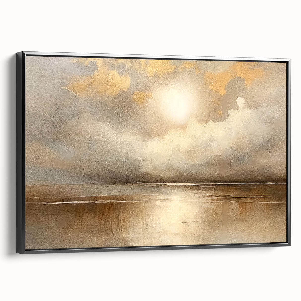 Framed abstract landscape wall art in black, showcasing textured layers and vibrant colors, displayed from the side to emphasize depth and design. Perfect for modern home decor.