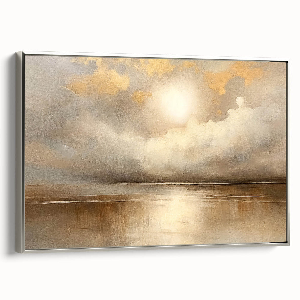 Framed abstract landscape wall art in silver, showcasing vibrant colors and textured patterns, perfect for modern home decor. Side view highlights the sleek frame design.