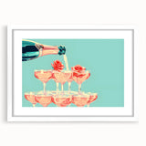 Abstract art print featuring swirling blue and white patterns on a framed white mat, suitable for dining room decor.