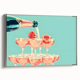 Landscape art painting of a colorful vintage poster on a black background, framed in silver, ideal for dining room decor.