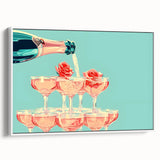Vintage poster art of colorful food and drink items on a large framed canvas, ideal for living room decor.