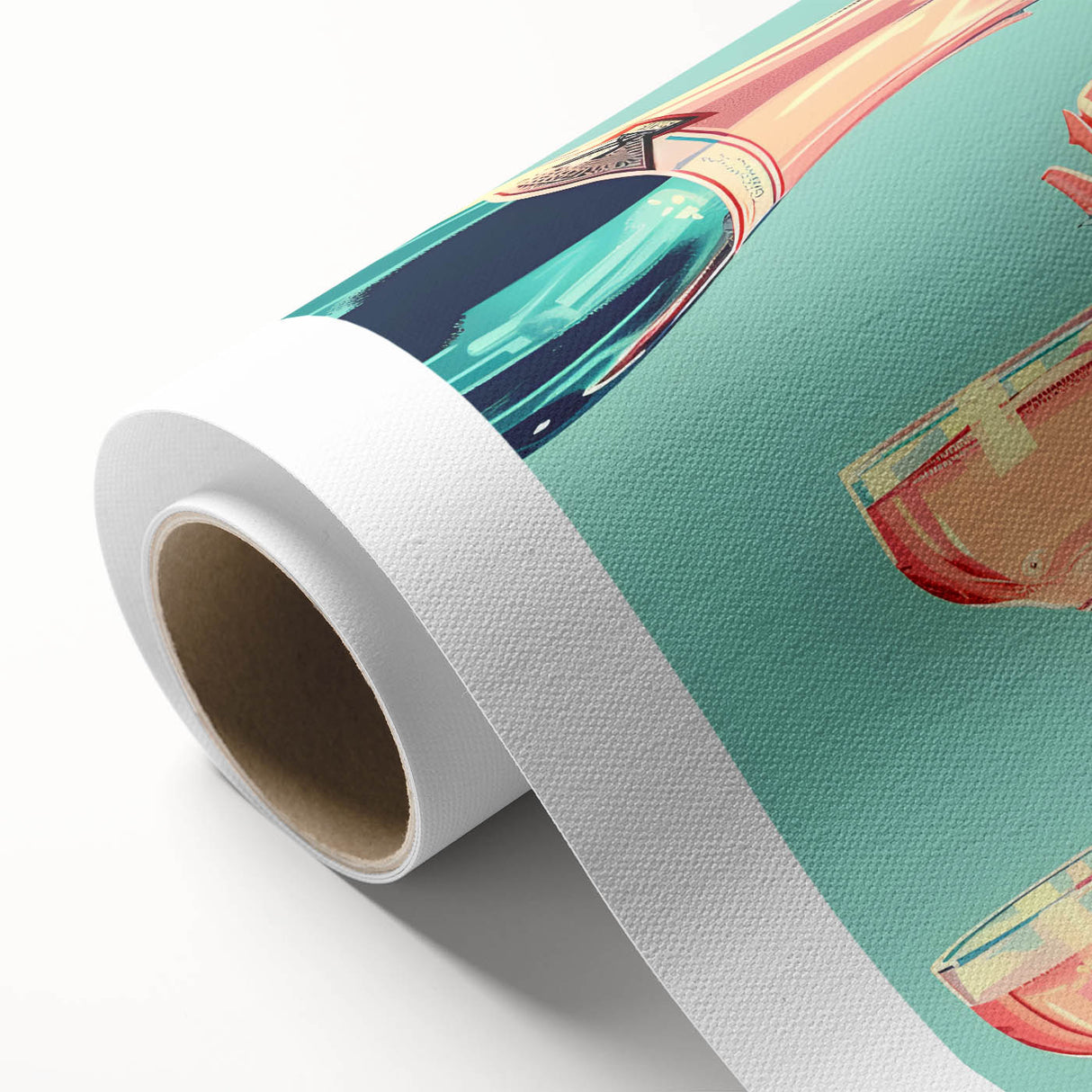 Art deco poster featuring a stylized cocktail, in pastel shades on rolled canvas, ideal for dining room wall art.