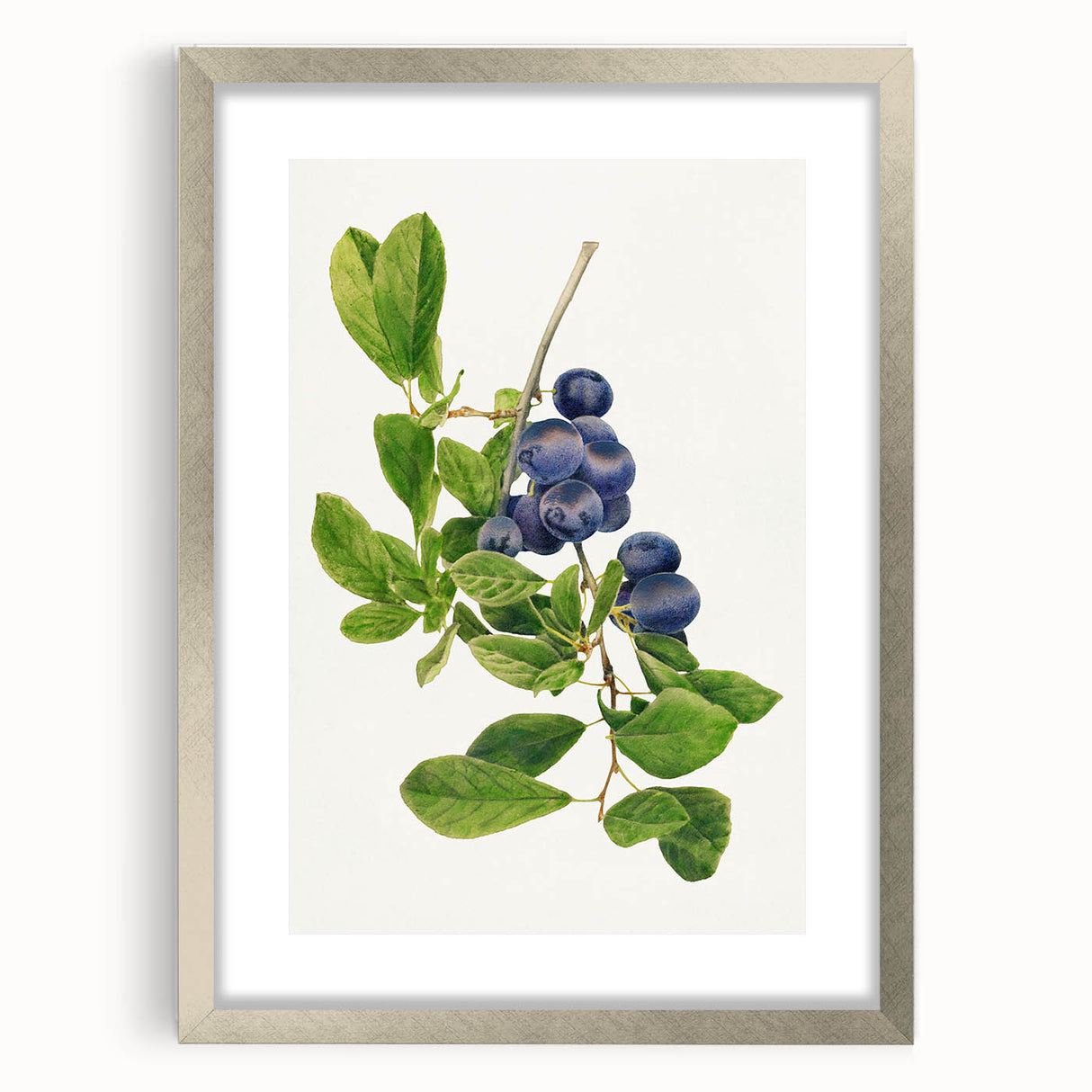 Textured art print of abstract fruits in muted earth tones, framed in silver, ideal for bedroom art.