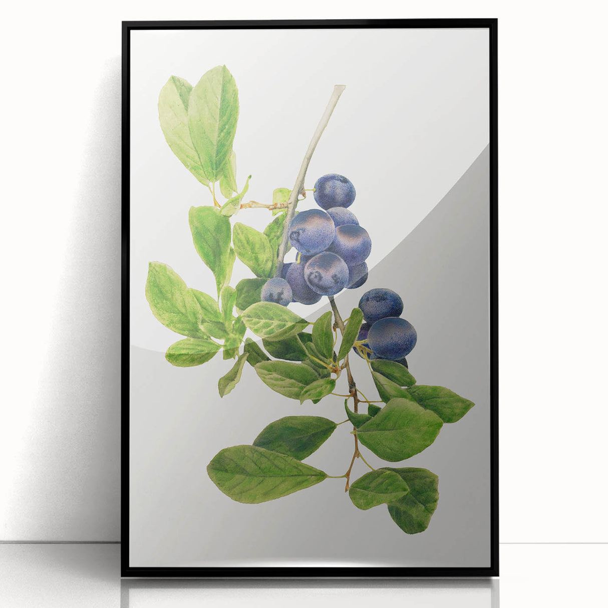 Large abstract wall art featuring assorted fruits in vivid colors, framed in black acrylic, suitable for dining room decor.