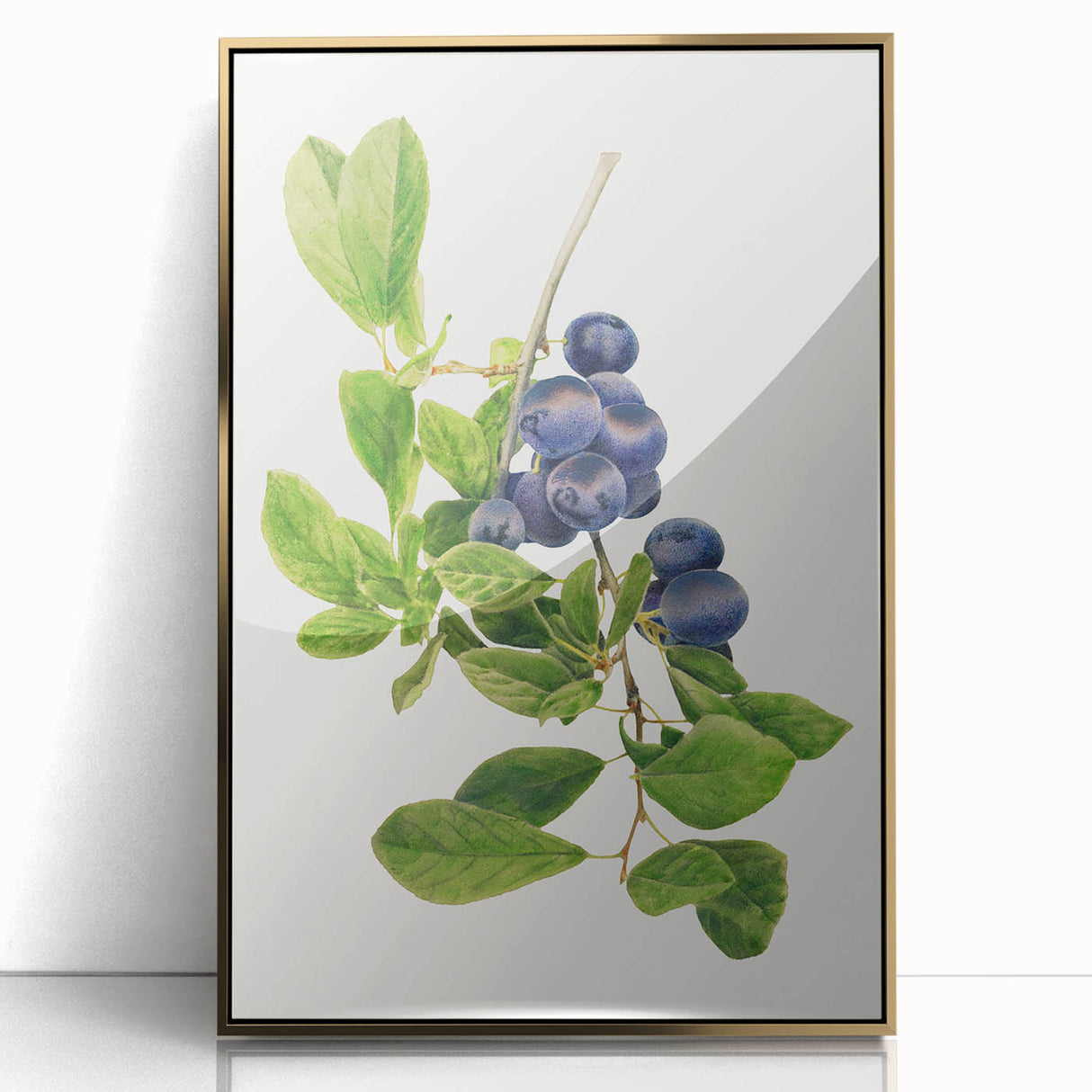 Large art print of assorted fruits in bold colors, framed in gold acrylic, in a mid-century modernist style.