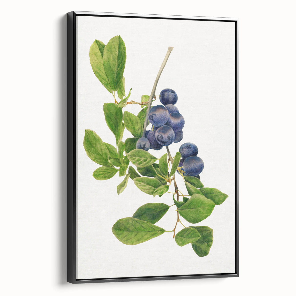 Black and white wall art featuring a vintage poster of assorted fruits, printed on framed canvas, ideal for bedroom decor.