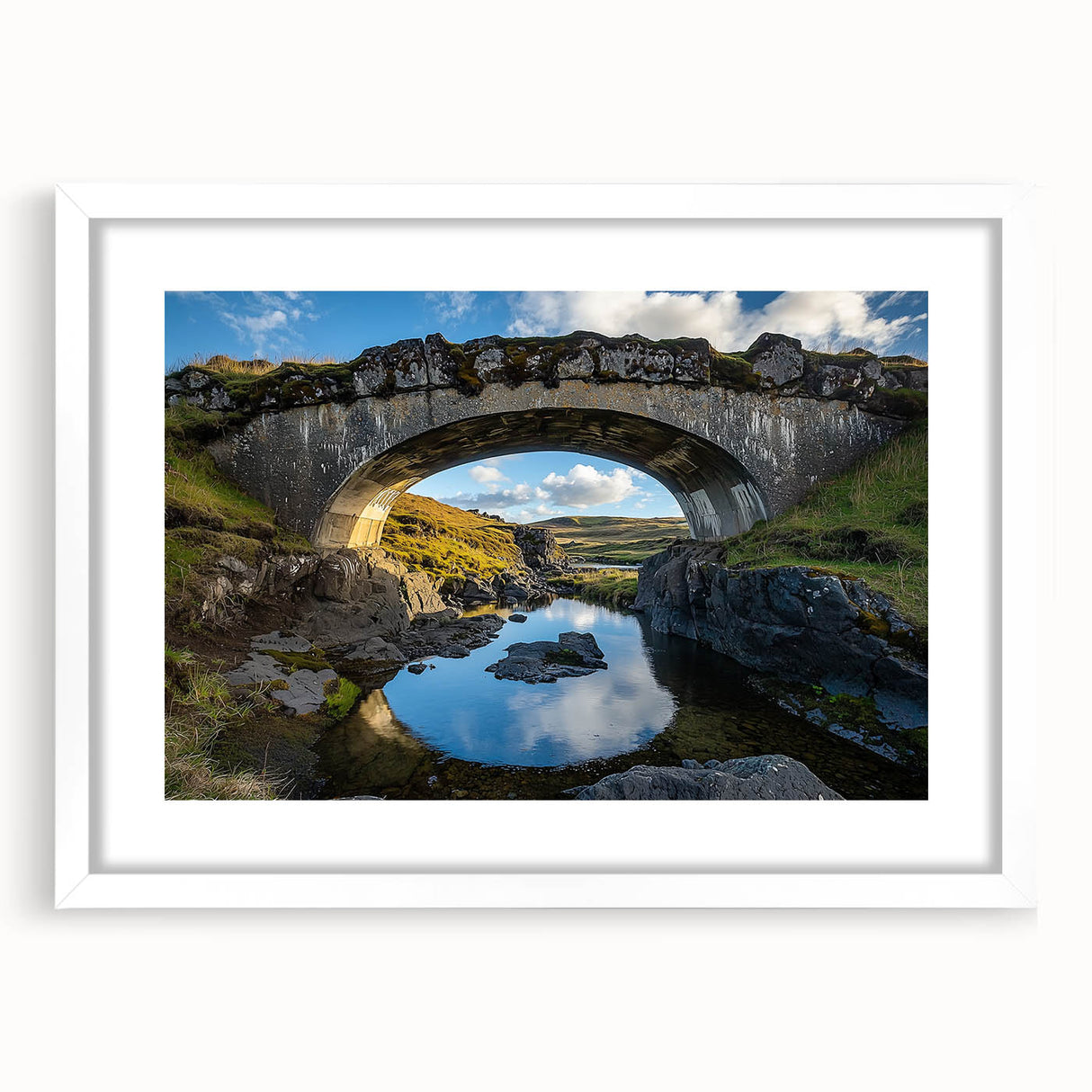 Landscape bridge frame in white with a mat, showcasing an elegant front view. Ideal for displaying artwork or photographs, enhancing home decor with a modern touch.