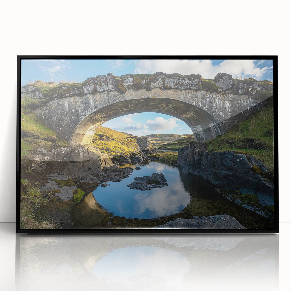 Framed acrylic artwork depicting a serene landscape bridge scene, featuring vibrant colors and fine details, perfect for enhancing home decor or office space.