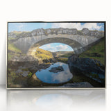 Framed acrylic artwork depicting a serene landscape bridge scene with silver accents, ideal for modern home decor. Perfect for adding elegance to any room.
