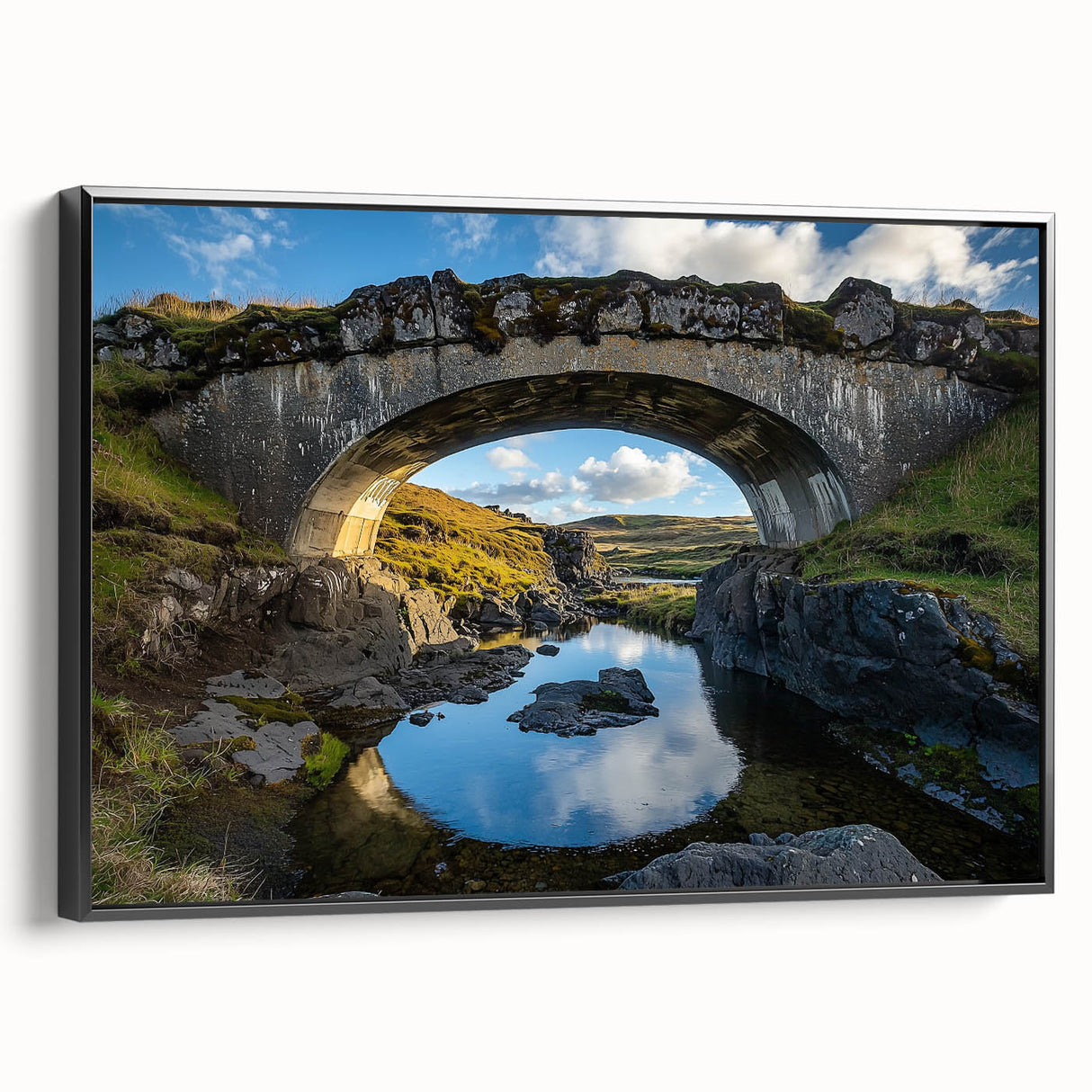 Framed landscape canvas print depicting a serene black bridge against a tranquil background, showcasing intricate details and vibrant colors, ideal for home decor.