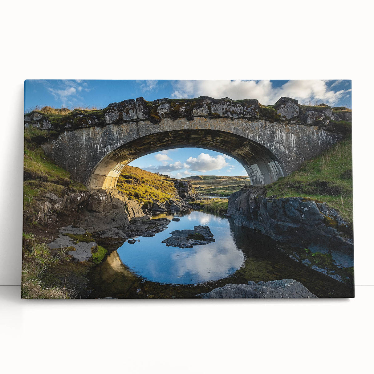 Stretched canvas artwork depicting a serene landscape bridge scene, featuring vibrant colors and detailed textures, ideal for home decor enhancement.
