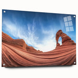 Landscape acrylic glass artwork showcasing vibrant canyon colors and textures, framed with pins for a contemporary display. Perfect for modern home decor.