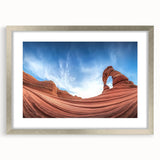 Landscape wall art of canyons framed with a silver mat, showcasing natural earth tones and intricate details, perfect for home decor and enhancing wall aesthetics.
