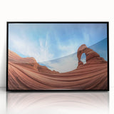 Framed acrylic artwork depicting a vibrant landscape of canyons, showcasing rich earth tones and intricate details, ideal for enhancing modern home decor.