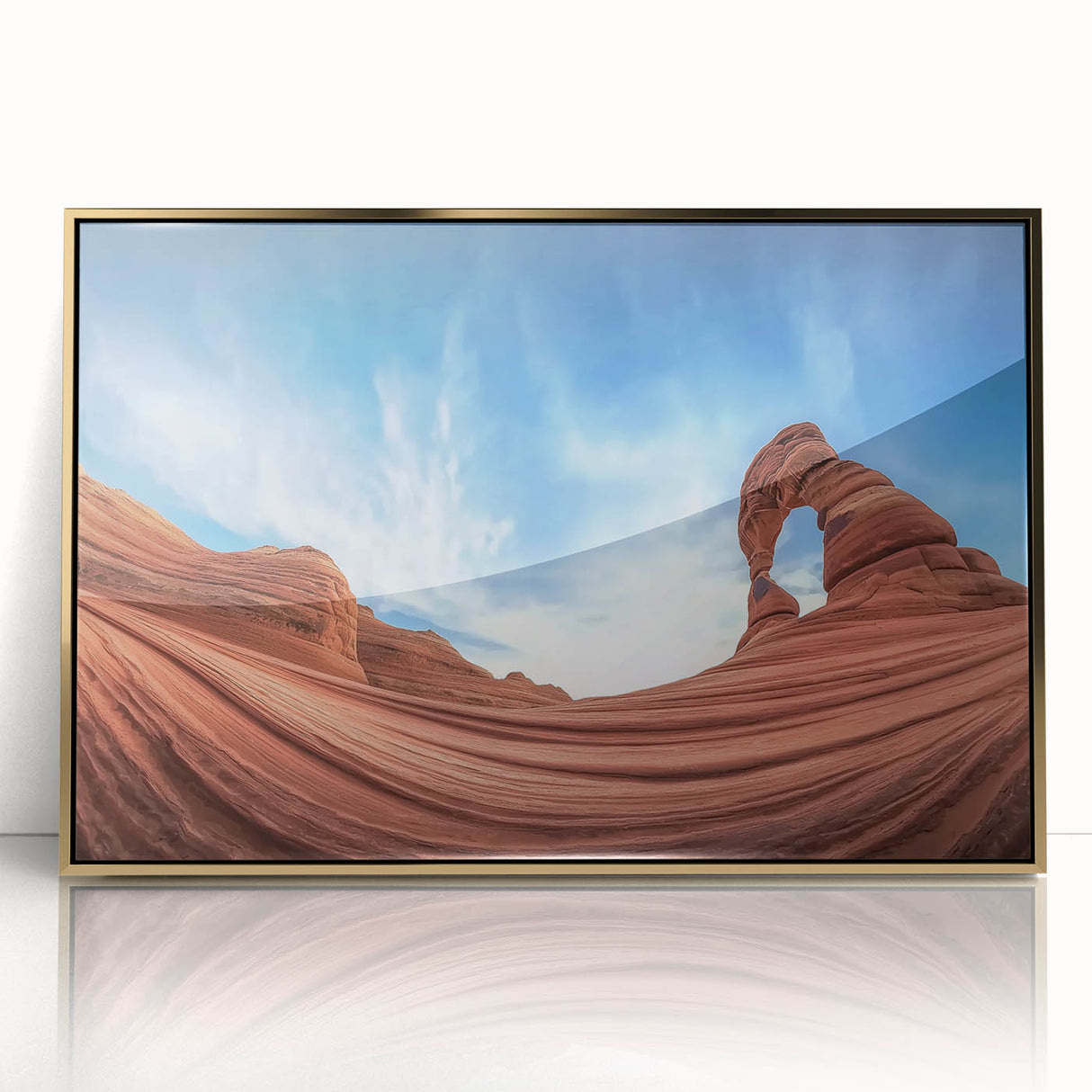Framed acrylic artwork depicting a vibrant landscape of canyons, featuring rich gold accents, ideal for enhancing modern home decor. Perfect for nature enthusiasts.