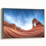 Framed landscape canvas depicting vibrant canyons with rich earthy tones, showcasing a gold side profile, perfect for home decor and art enthusiasts.