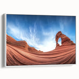 Framed canvas artwork depicting a stunning landscape of canyons in warm earth tones, showcasing intricate details and depth, ideal for home decor or office settings.