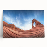 Stretched canvas artwork depicting a vibrant landscape of canyons at sunset, showcasing rich hues of orange, red, and purple, perfect for modern home décor.