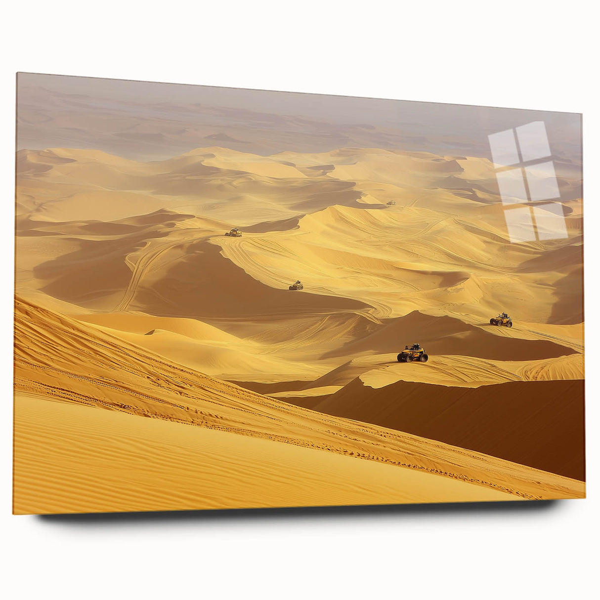 Acrylic landscape artwork depicting a serene desert scene in vibrant colors, showcased from a side view without pins, ideal for modern home decor.