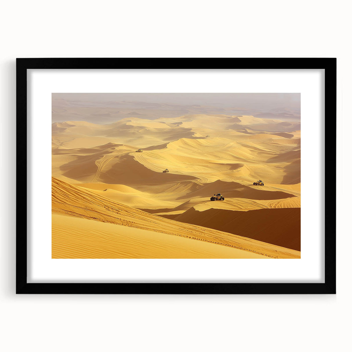 Black-framed landscape art print featuring a serene desert scene with vibrant colors and intricate details, perfect for enhancing home decor.