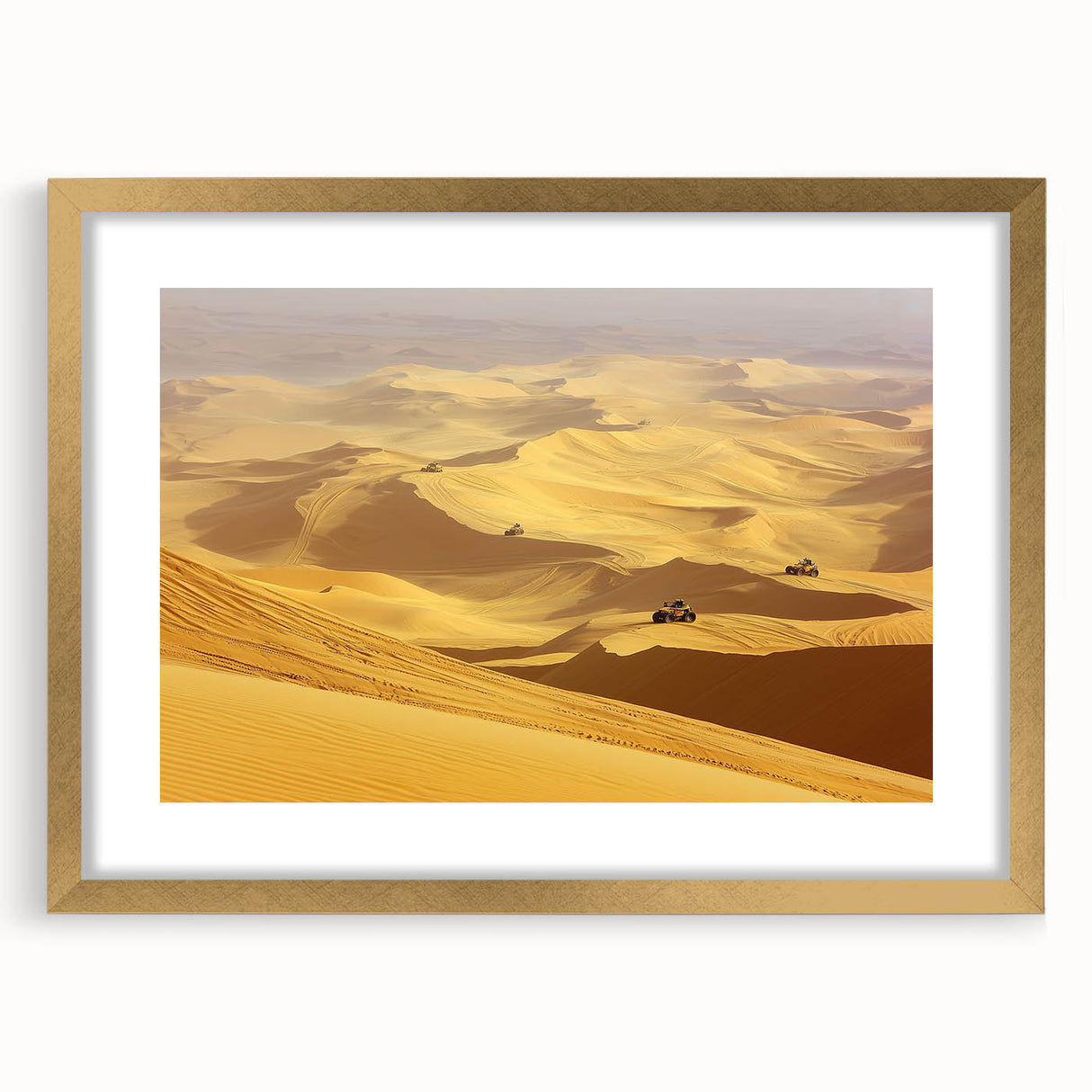 Desert landscape artwork framed with a gold mat, showcasing vibrant hues of orange and yellow against a serene blue sky, perfect for home decor enhancement.