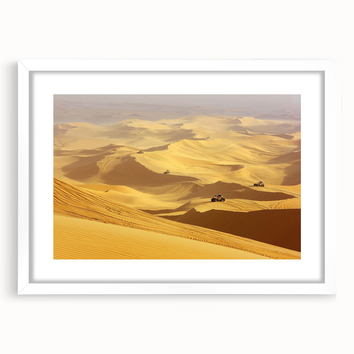 Desert landscape artwork framed in white matting, showcasing vibrant colors and intricate details, perfect for home decor and interior design enhancement.
