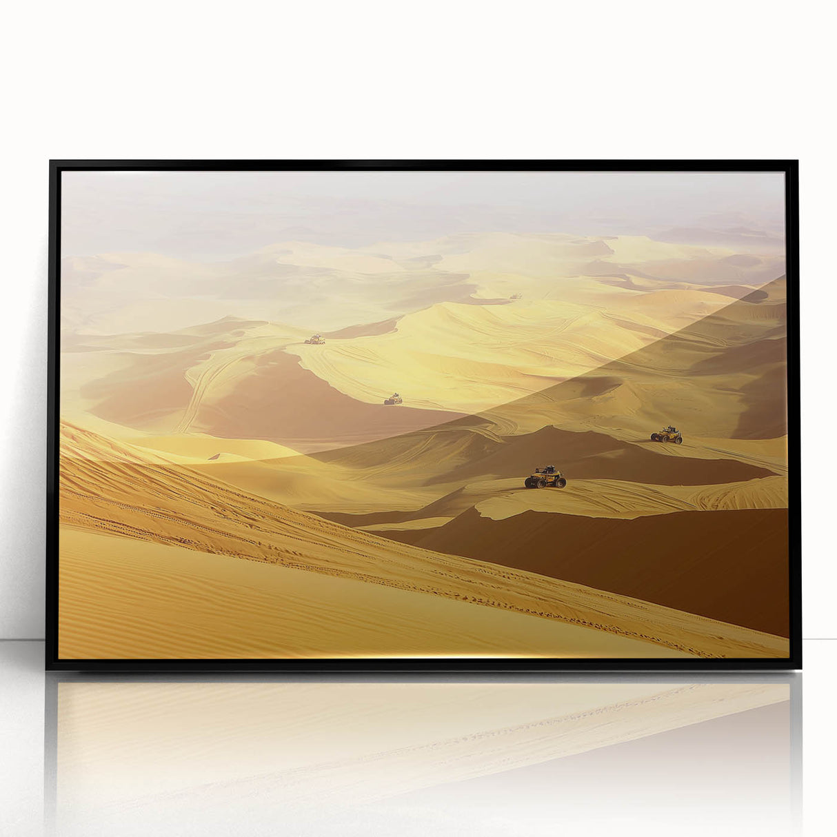 Framed acrylic artwork showcasing a stunning desert landscape with vibrant colors, set in a sleek black frame, ideal for modern home decor. Perfect for nature lovers and art enthusiasts.