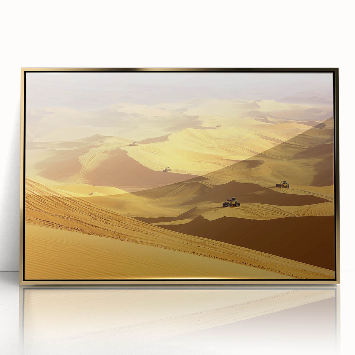 Framed acrylic artwork showcasing a vibrant desert landscape with golden hues, ideal for modern home decor, enhancing any living space with warmth.