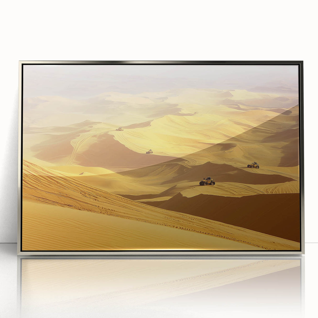 Framed acrylic artwork showcasing a vibrant desert landscape with rich colors, ideal for enhancing modern home decor. Perfect for nature enthusiasts and art collectors.